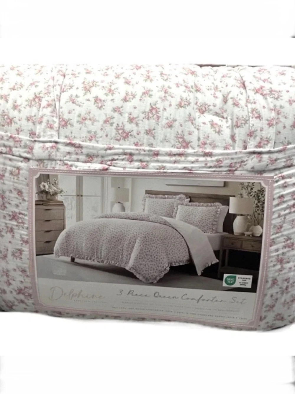 Delphine Queen Pink, White and Green Floral Cotton Gauze Comforter Set 90”x90”